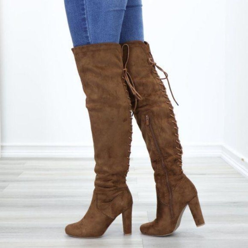 Suede Over The Knee Heeled Boots With Lace Up Back - Picture 12 of 13